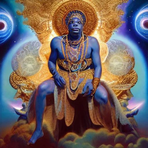 Image similar to obatala the cosmic god sitting on a throne of nebula clouds, by Adi granov and thomas blackshear and afarin sajedi in a psychedelic portrait style, matte painting, volumetric lighting, piercing eyes, detailed face, orisha, 8k, hd