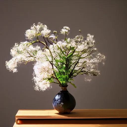 Image similar to a photo of 8k Ikebana in flower vase, ikenobo, ohararyu, sougetsu, wide angle, full body, sony a7r3, ultra detail, photorealistic, in simple background