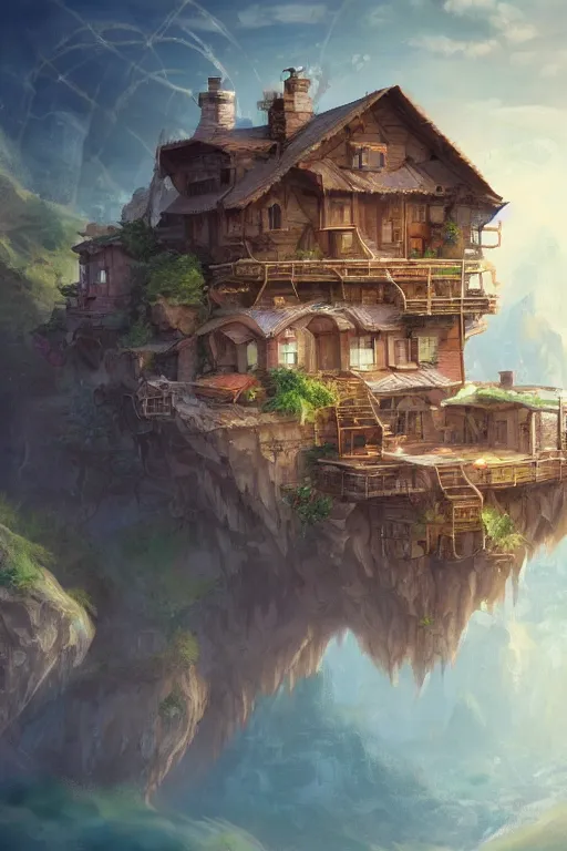 Image similar to a house floating with balloons, near the mountains and below is a deep canyon, dream core art, dynamic lighting, fantasy concept art, trending on art station, stunning visuals, creative, cinematic, ultra detailed