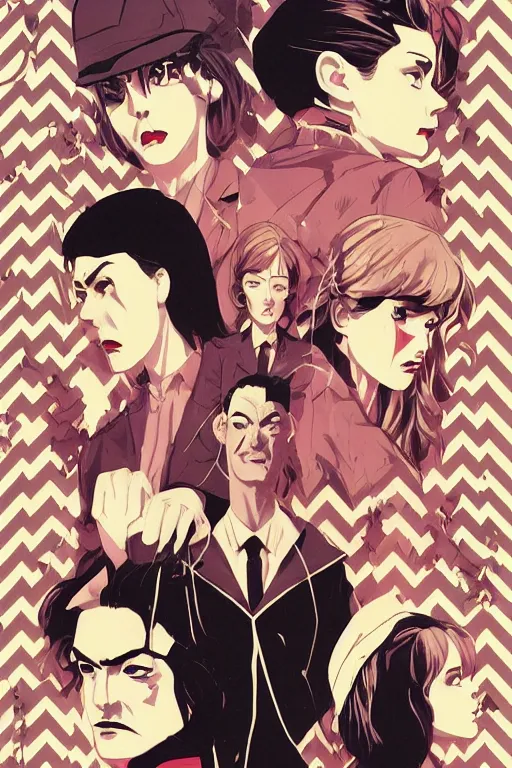 Prompt: twin peaks horror detective manga comic cover, dramatic, the cast forms chevron zig zag pattern, beautifully drawn coherent professional, drawn by ilya kuvshinov, satoshi kon. by tomer hanuka and michael whalen, minimalist stylized cover art, cel shaded