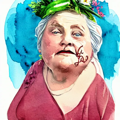 Prompt: of a very funny graffiti style watercolor painting of a sweet fat old woman is in love with her self. flowery dress. symmetrical face, red mouth, blue eyes. a flowery dress. deep focus, lovely scene. a very funny and sweet picture. unreal engine. pencil and ink. goya painting style.