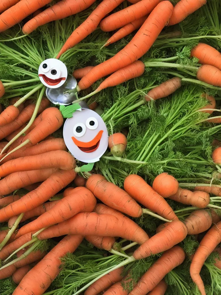 Image similar to a photorealistic jolly carrot with googly eyes and a big smile, farmer's market setting, vivid colors, soft lighting, atmospheric, cinematic, 8k