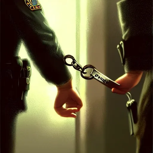 Prompt: jesus christ is placing handcuffs on a police officer, style of greg rutkowski