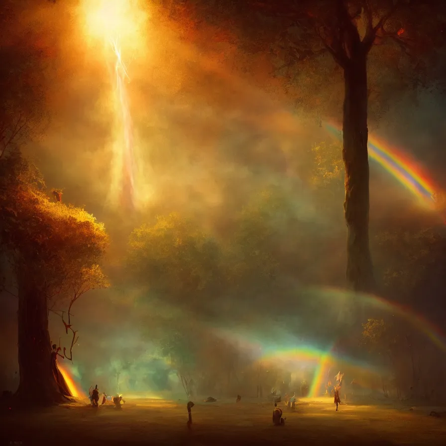 Image similar to idyllic carnival inside a tree cavity, rainbow across the sky, ethereal, golden swirling dust, iridescent, atmospheric, volumetric, cinematic, light breaking through clouds, greg rutkowski, wlop, otherworldly, glowing, trending on artstation, 8 k, unreal engine