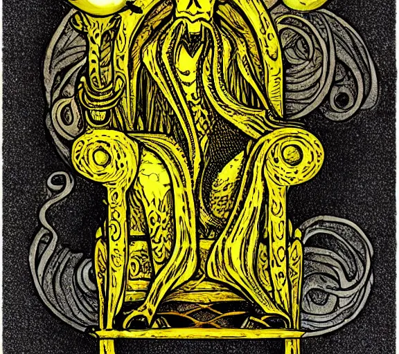 Image similar to eldritch king in yellow on his occult throne by mike winkelman