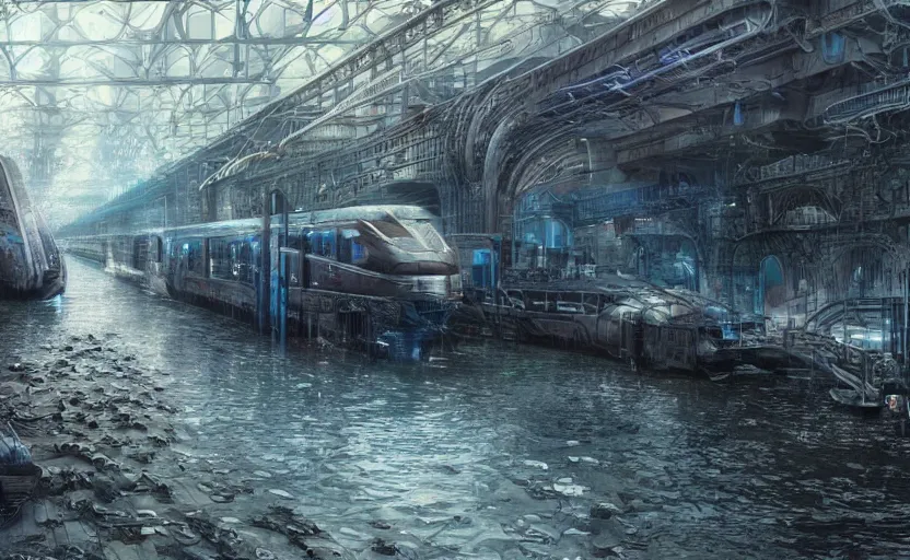 Image similar to An urban train rides inside of a waterway on a fantasy city, hyperrealistic mixed media, stunning 3d render inspired art by P. Craig Russell and Barry Windsor-Smith + perfect facial symmetry + dim volumetric lighting, 8k octane beautifully detailed render, post-processing, extremely hyperdetailed, intricate futuristic mechanic parts, epic composition, grim yet sparkling atmosphere, cinematic lighting + masterpiece, trending on artstation