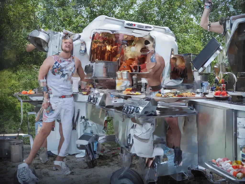 Image similar to redneck astronaut summer grillparty in trailer park, detailed, cinematic photo