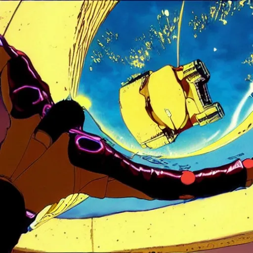 Prompt: man wearing gold foil clothing diving into black hole from the anime film akira