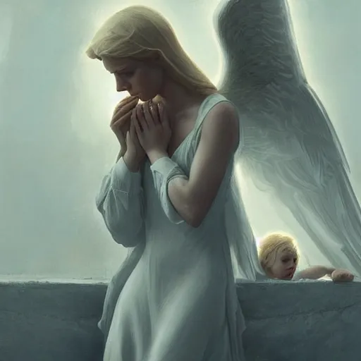 Prompt: Blonde and elegant archangel tall and asleep guarding a child while he prays , Art Deco, Greg rutkowski Trending artstation