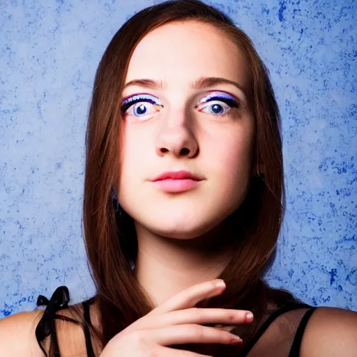 Image similar to beautiful theater actor from nyc, female, 1 8, performing on stage, brunette, blue eyes, 5 foot height, dramatic lighting