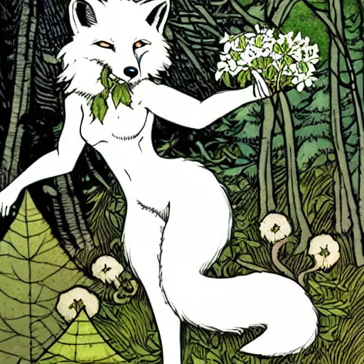Prompt: A cute white-furred fox-girl Herbalist collecting flowers in the forest. Absurdly-detailed fantasy character illustration by Rebecca Guay and Wayne Reynolds