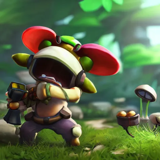 Image similar to teemo as an overwatch character, teemo shooting a poison dart, teemo surrounded by poison mushrooms, octane render, blender render, unreal engine, cinematic lighting