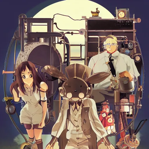 Image similar to film still Mechancial Bunny, a steampunk anime about scientists creating a mechanical bunny, art by Dice Tsutsumi, Makoto Shinkai, Studio Ghibli, playstation 2 printed game poster cover, cover art, poster, poster!!!