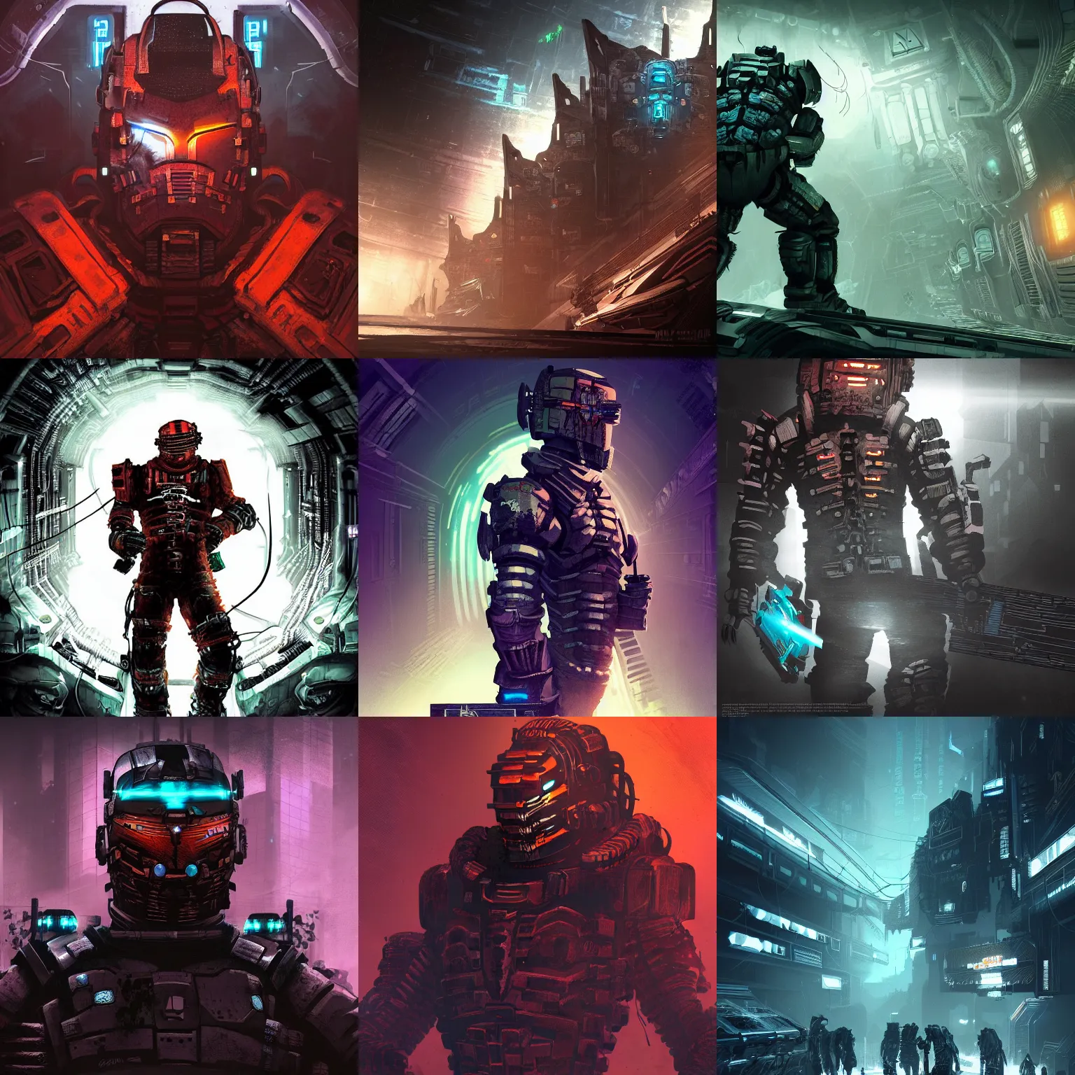 Prompt: A digital matte intricate illustration concept art of Dead Space Isaac Clark Ishimura inspired art and greebles + dark shadowy neon colors, symmetry , intricate complexity, epic composition, gritty atmosphere, highly detailed, cinematic lighting + masterpiece, trending on artstation + 8k