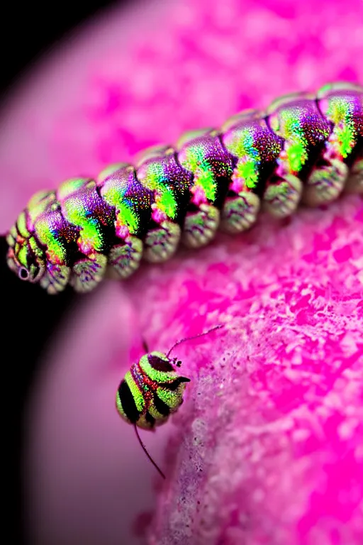 Prompt: high quality close-up photo pearlescent caterpillar! gorgeous highly detailed hannah yata elson peter cinematic pink lighting high quality low angle hd 8k sharp shallow depth of field