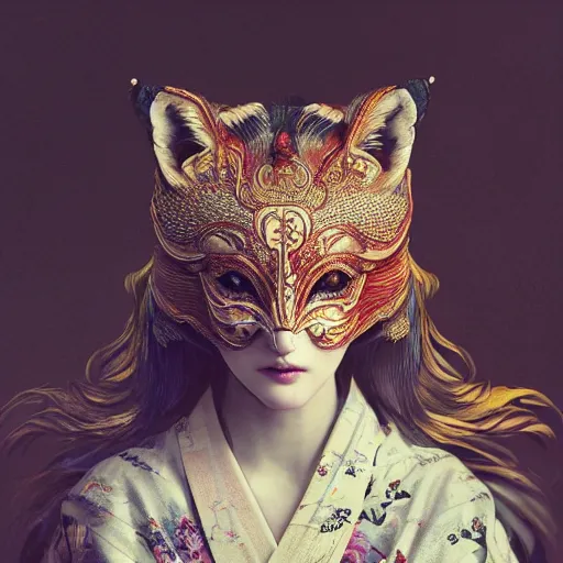 Prompt: a Photorealistic dramatic fantasy render of a beautiful woman wearing a beautiful intricately detailed Japanese Fox Kitsune mask and clasical Japanese Kimono by WLOP,Artgerm,Greg Rutkowski,Alphonse Mucha, Beautiful dynamic dramatic dark moody lighting,shadows,cinematic atmosphere,Artstation,concept design art,Octane render,8K The seeds for each individual image are: [2733451272, 610124415, 69977207, 2877776639, 415651647, 3894693119, 3731315455, 777011455, 2407175167]