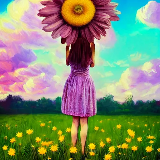 Image similar to giant daisy flower head, portrait of girl in flower field, holding daisy, surreal photography, sunrise, impressionist painting, colorful clouds, digital painting, artstation, simon stalenhag, flower face