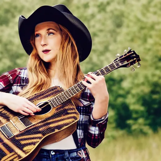 Image similar to a female fox animal, wearing cowboy hat, wearing plaid shirt, playing guitar, inside a barn, album cover style