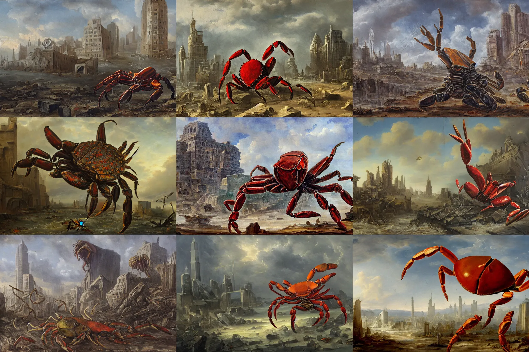 Prompt: huge crab scorpion, looming over a ruined city, oil painting.