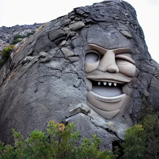 Image similar to a mountain side with the face of pippi carved into the rock