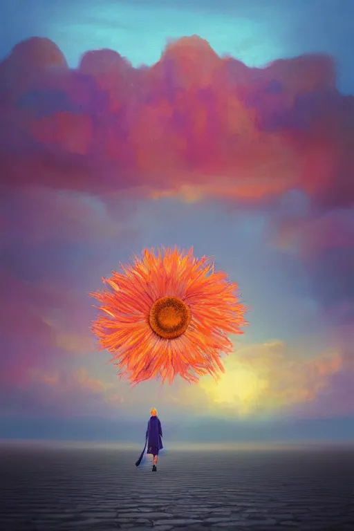 Image similar to giant daisy flower head, girl walking on salt flats mountains, surreal photography, sunrise, dramatic light, impressionist painting, colorful clouds, digital painting, artstation, simon stalenhag