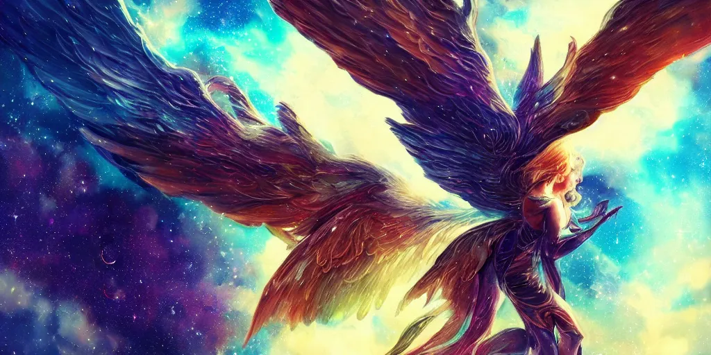 Prompt: a cosmic winged beast with majestic nebula wings, concept art, digital illustration, trending on artstation, deviantart, artgerm, epic composition, masterpiece, highly detailed, advanced technique, ambient lighting, wlop, ross draws