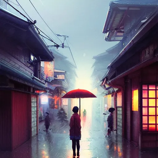 Prompt: walking around ozu city and shimonad station, ehime, japan. rain, wet, volumetric lighting, realistic illustration, perfectly shaded, soft painting, art by krenz cushart and wenjun lin