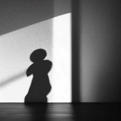 Prompt: cute fumo plush of a boy casting a long shadow from an open door, shadow and light, outline glow, lens flare, black and white, vray