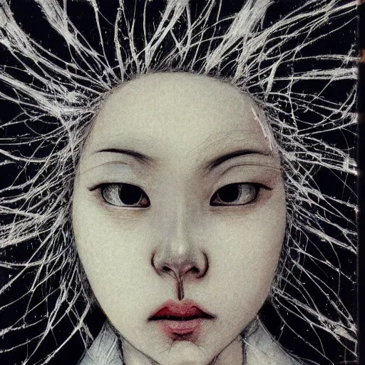 Image similar to Yoshitaka Amano dreamy and blurry portrait of an anime girl with white hair and cracks on her face wearing dress suit with tie fluttering in the wind, abstract black and white patterns on the background, head turned to the side, noisy film grain effect, highly detailed, Renaissance oil painting, weird camera angle