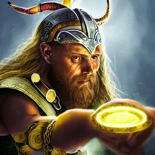 Prompt: mythological viking thor Shaman of artificial intelligence creating an artificial neural network with yellow synapses on an anvil, high resolution, award winning art, trending on art station, sharp image, incredibly detailed, detailed character realistic painting