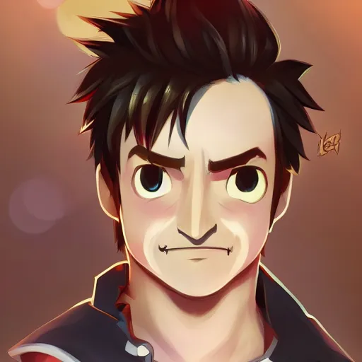 Prompt: anime cute Nathan Fillion with mustache and big eyes, splash art by League of Legends, highly detailed, trending on Artstation and Safebooru in category Voluptious