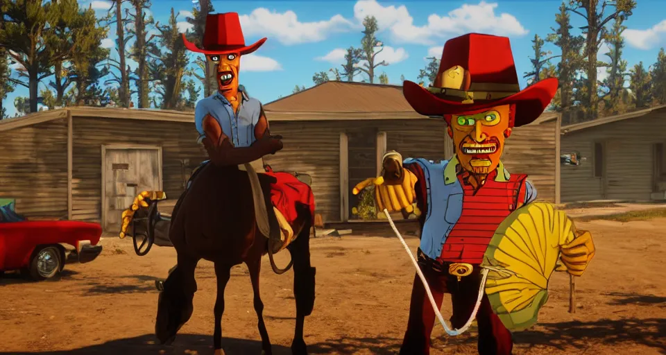 Image similar to Screenshot of Frylock from Aqua Teen Hunger Force as a 3d cowboy in full cowboy attire in the videogame 'Red Dead Redemption 2'. Sharpened. 1080p. High-res. Ultra graphical settings.