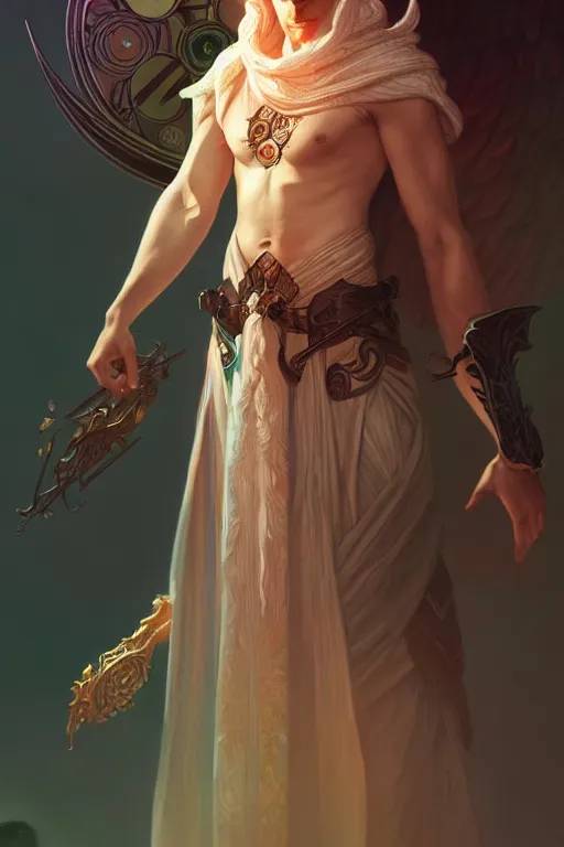 Prompt: male aasimar warlock, highly detailed, digital painting, artstation, sharp focus, illustration, art by tan zi and ayanamikodon and alphonse mucha and wlop