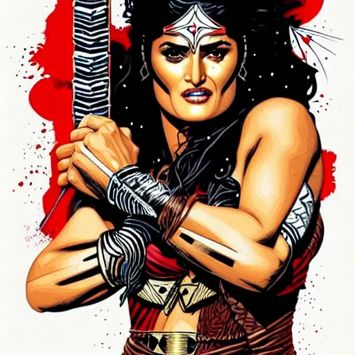 Image similar to illustration of Salma Hayek as a barbarian warrior intricate details by MARVEL comics and Sandra Chevrier , elegant, highly detailed , centered