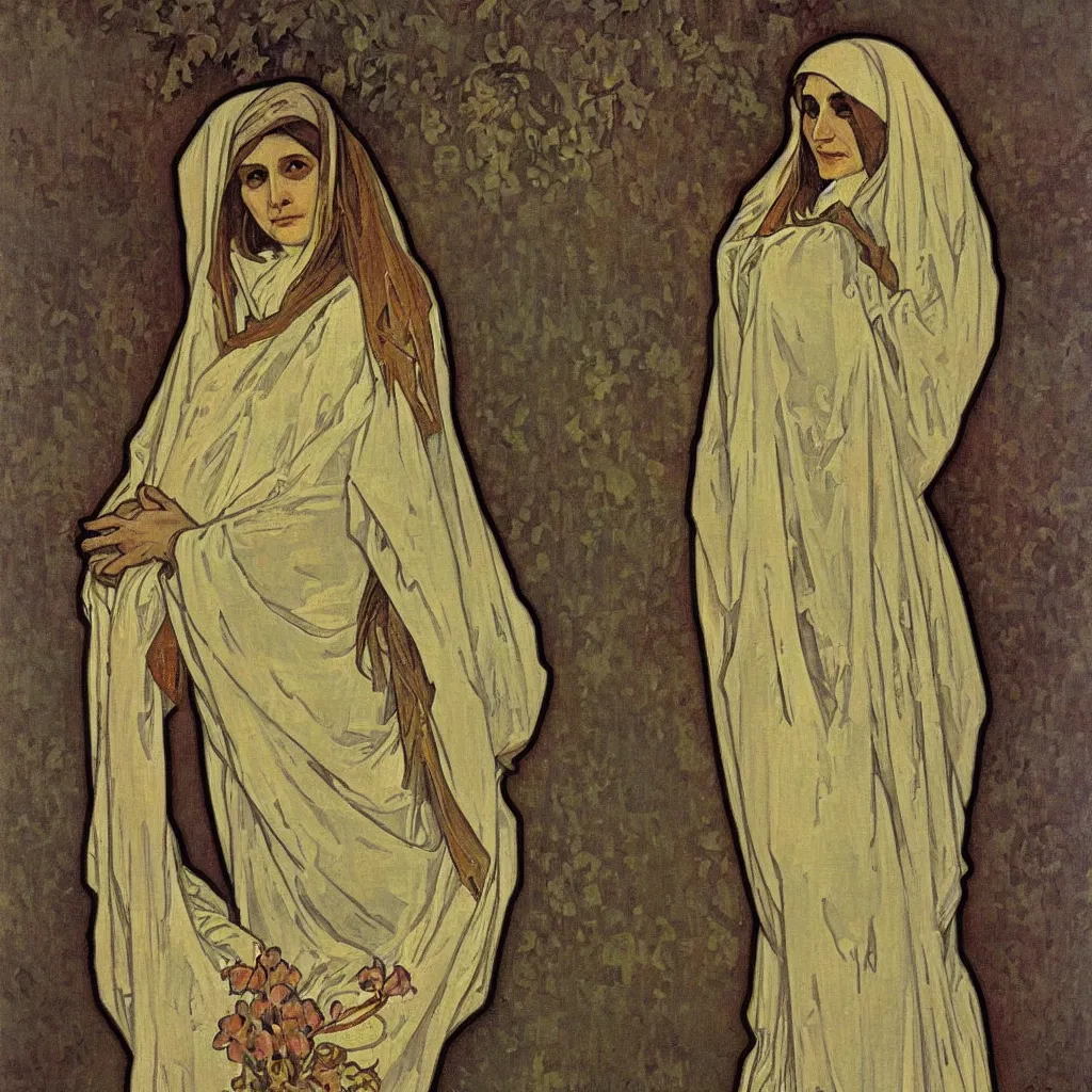 Prompt: A beautiful portrait of one skeleton nun in Impressionism style by Alphonse Mucha,oil on canvas
