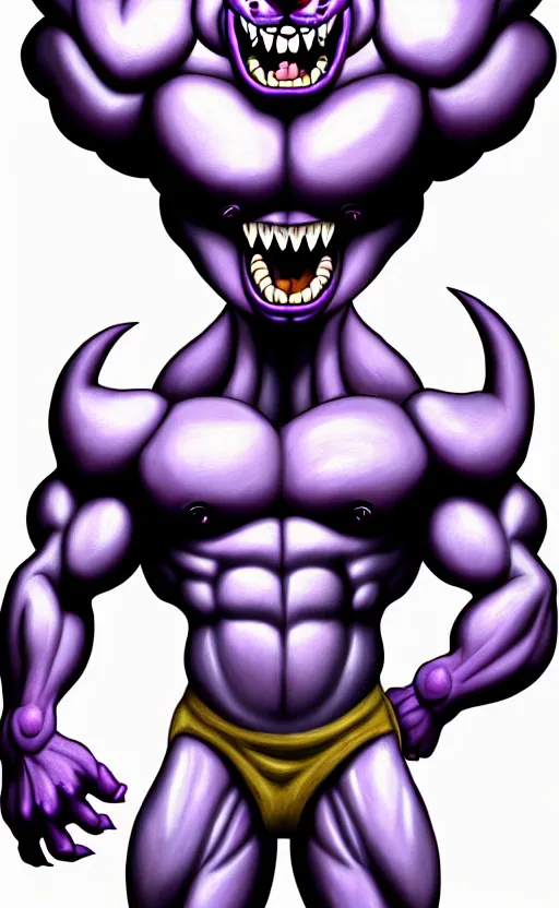 Image similar to painting of an anthropomorphic bulky muscular purple dog, furry style, wearing jeans, deviant art, fursona, professional furry drawing, insanely detailed, bulky husky dragon like face, doing a pose from jojo's bizarre adventure, detailed veiny muscles, exaggerated features, beautiful shading, huge white teeth, grinning, colorful background