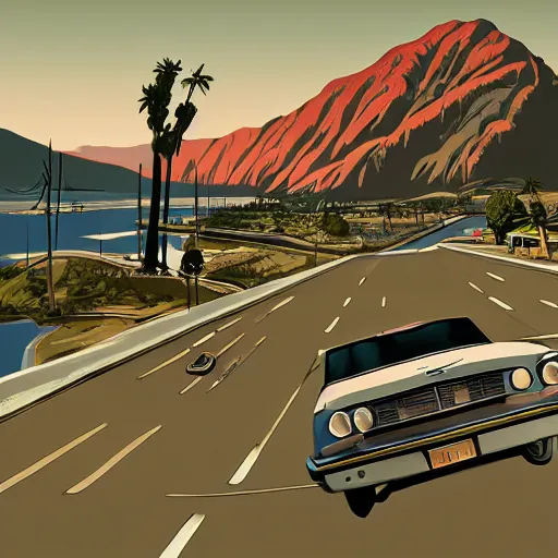 Image similar to grand theft auto ( gta ) landscape in the style of dali, trending on artstation
