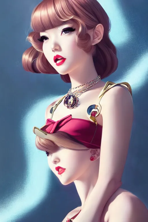 Image similar to a pin up and beautiful fashion dreamlke japan girl with lv jewelry, character art, art by artgerm and wlop and and ilya kuvshinov, hyperdetailed, 8 k realistic, symmetrical, frostbite 3 engine, cryengine, dof, trending on artstation, digital art, chanel, dior, fantasy background