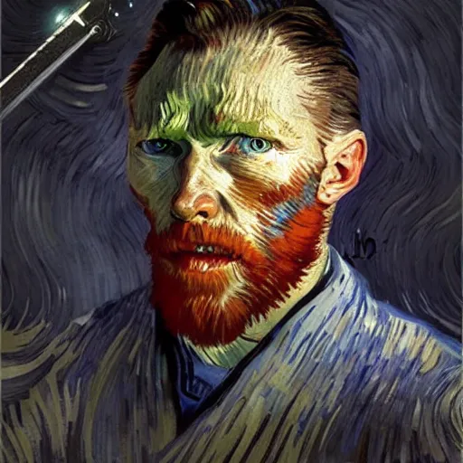 Image similar to van gogh as a star wars jedi knight with a force field around, cinematic lighting, highly detailed, concept art, art by wlop and artgerm and greg rutkowski, masterpiece, trending on artstation, 8 k