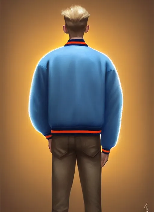 Image similar to portrait of a teenage boy named moose mason, blonde short hair, jock, beefy, square jaw, square facial structure, 1 9 5 0 s, blue varsity jacket, intricate, elegant, glowing lights, highly detailed, digital painting, artstation, concept art, smooth, sharp focus, illustration, art by wlop, mars ravelo and greg rutkowski