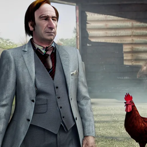 Image similar to saul goodman and a rooster in a saw movie, jigsaw, saul goodman, rooster, unreal engine 5