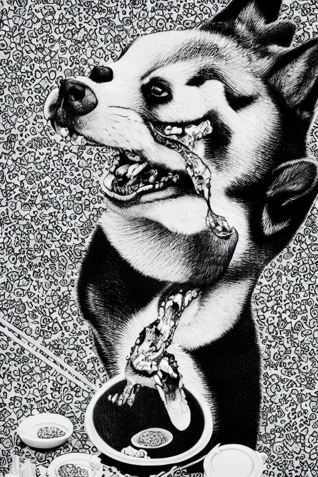 Image similar to a portrait of a shiba inu eating sushi, in the art style of shoihei otomo, realistic, highly detailed, b & w