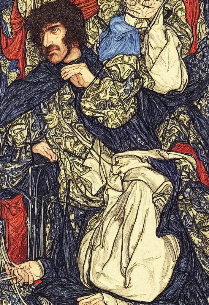 Image similar to Yoshua Bengio scientist drawn on the Tarot card. Illustration by preraphaelists.