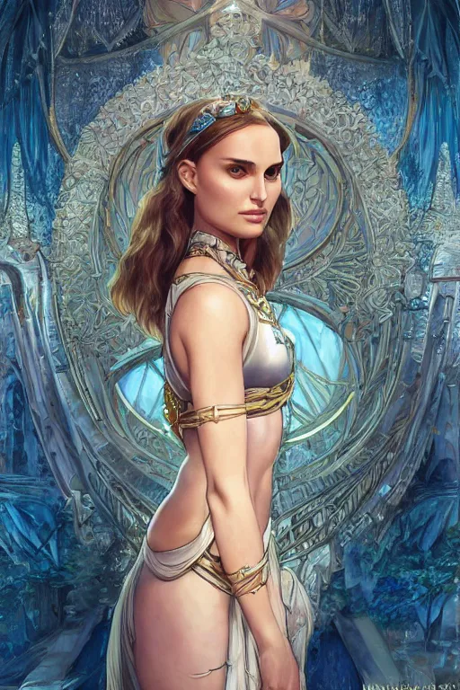 Image similar to Natalie Portman wearing Kida's outfit from atlantis, cute, fantasy, intricate, elegant, highly detailed, digital painting, 4k, HDR, concept art, smooth, sharp focus, illustration, art by artgerm and H R Giger and alphonse mucha