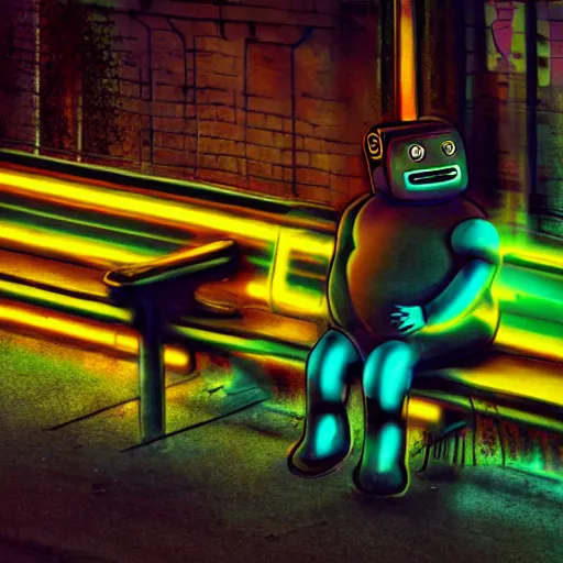 Image similar to vintage phto of a fat robot sitting alone in a streetbench, diezelpunk, cyberpunk, stray, neon lights