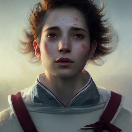 Image similar to epic portrait an beautiful woman wearing short sleeved sailor outfit, sweaty skin, hyperrealistic, expressive, emotional, moody, contre jour, octane render, cinematic, beautiful face and flawless skin, perfect hands, 5 fingers, by Edgar Maxence and Ross Tran and Michael Whelan, Legends of Runeterra