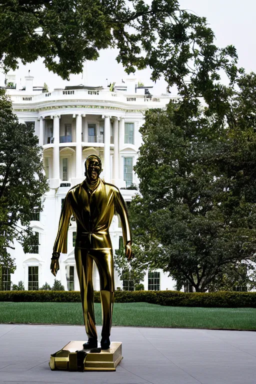 Image similar to A beautiful polished gold statue of Nicholas Cage in front of the White House, photo by Steve McCurry