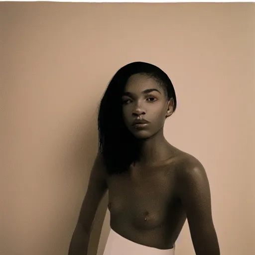 Image similar to realistic photoshoot for a new off-white lookbook, color film photography, portrait of a beautiful girl in style of tyler Mitchell, 35mm, graflex