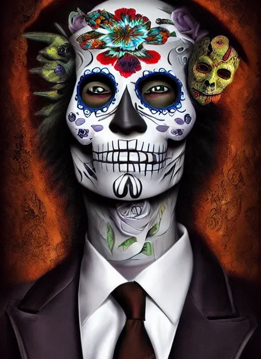 Image similar to dia de los muertos hombre theme surrealist art in the styles of igor morski, jim warren, and a tim burton film, intricate, masculine, hyperrealistic, accurate facial details, profile picture with chromakey!!!!! background, volumetric lighting