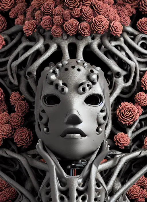 Image similar to biomechanical black statue made of corals, daisies, roses, well contoured smooth fair walls carrying perfume bottle, up close shot, sharp focus, global illumination, radiant light, alexandre ferra white mecha, irakli nadar, octane highly render, 4 k, ultra hd,